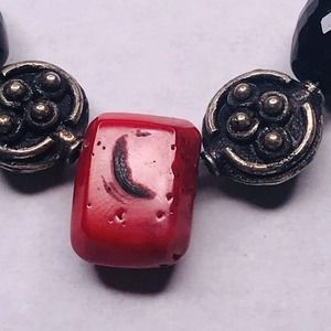 fran Sterling Silver Beaded Necklace Red Coral Black Faceted Signed 16"